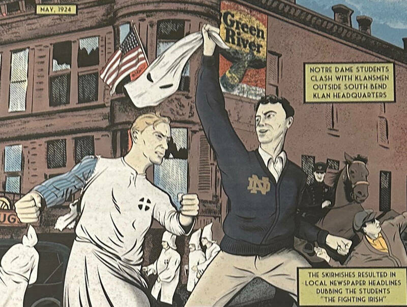 A colorful illustration depicting a Notre Dame student removing the white hood from a Ku Klux Klan member's head.