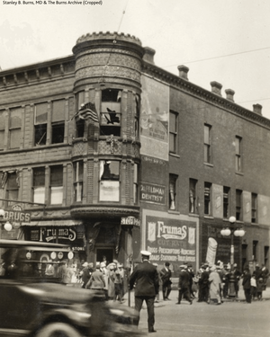 A black-and-white photograph of Ku Klux Klan headquarters in South Bend following the May 1924 violent clash between Klan members and Notre Dame students and other anti-Klan community members.