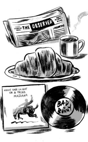 An illustration by Mike Reddy with a copy of the Observer, a coffee and croissant, a bull riding image and a Bad Bunny record.