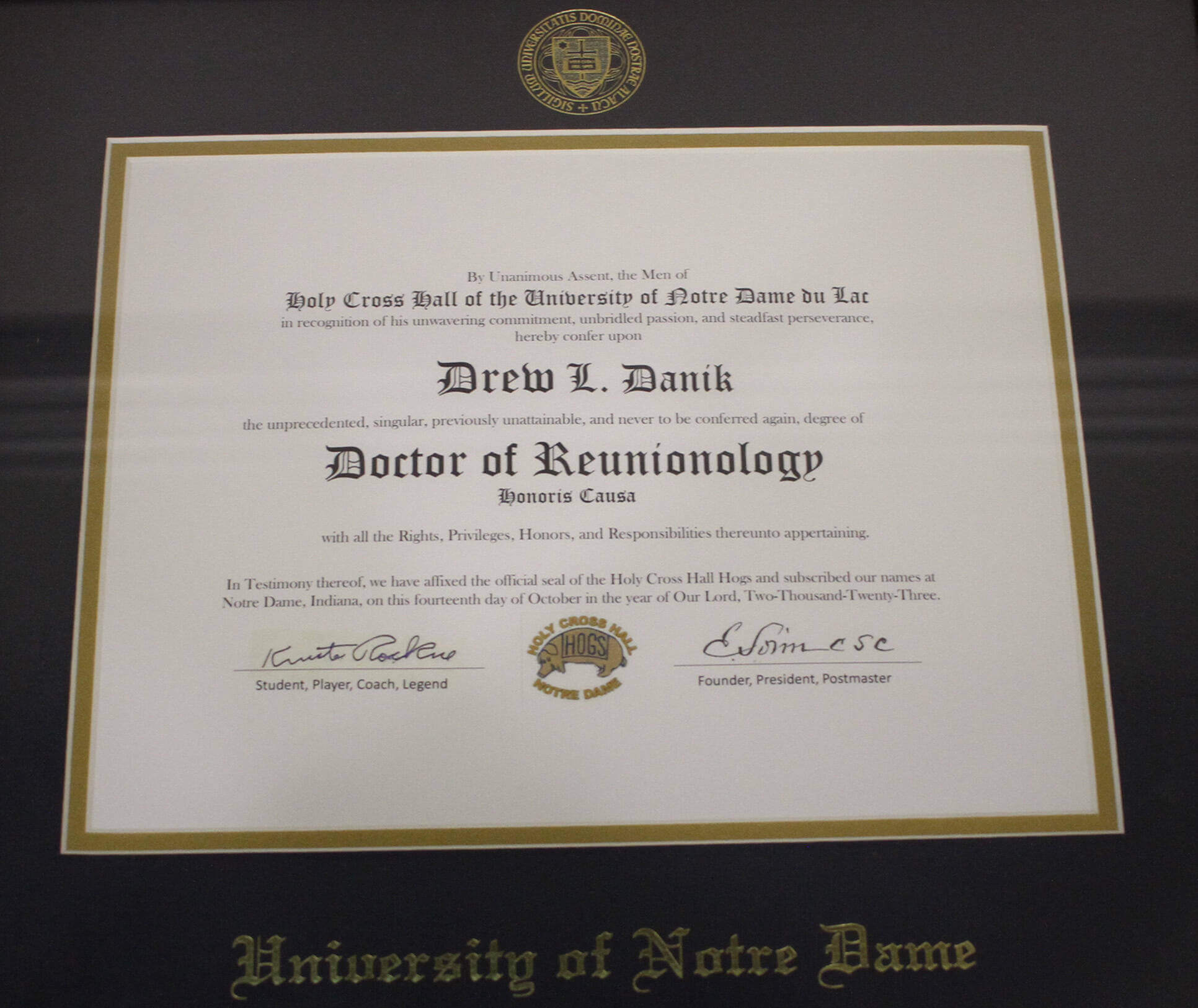 A diploma identifying Drew Danik as a "Doctor of Reunionology."