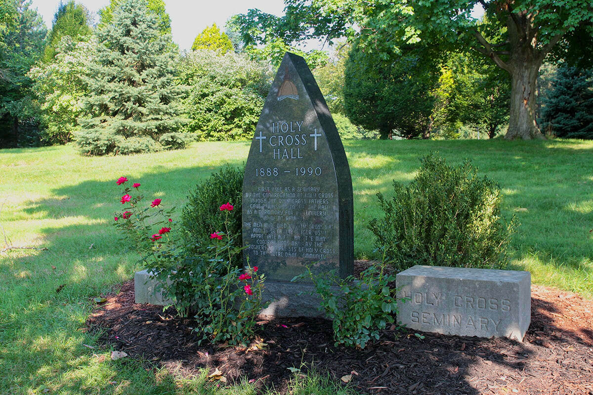 The marker noting the location of Holy Cross Hall, which stood from 1888-1990.