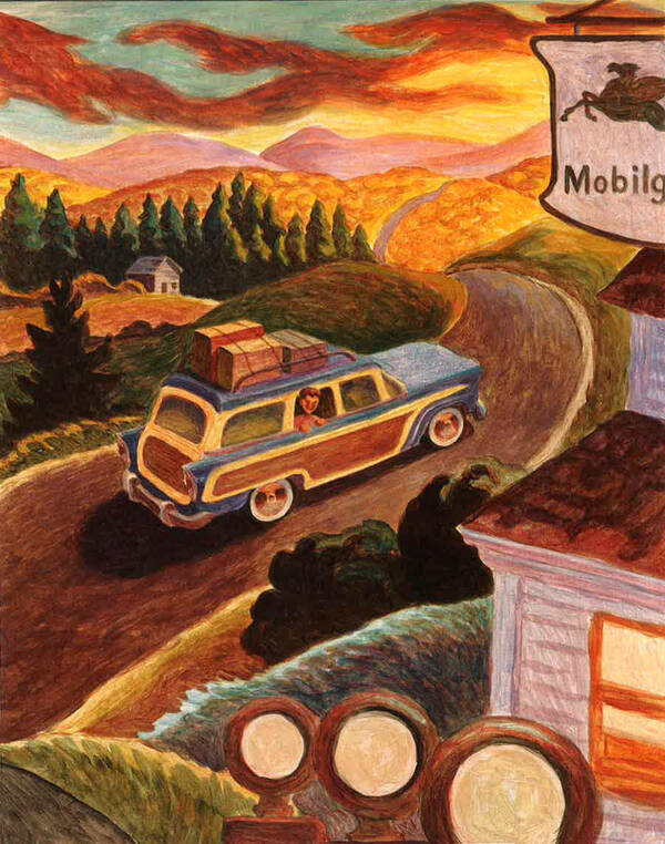 A illustration of a car with luggage on the roof passing a gas station on a winding road toward mountains in the distance at sunset.