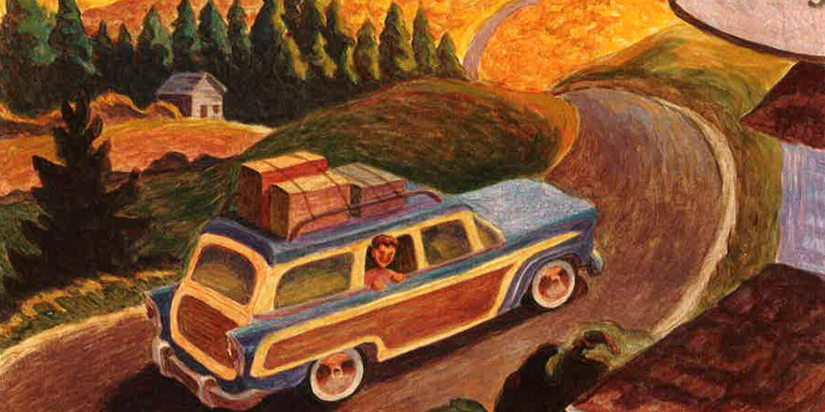 A illustration of a car with luggage on the roof passing a gas station on a winding road toward mountains in the distance at sunset.