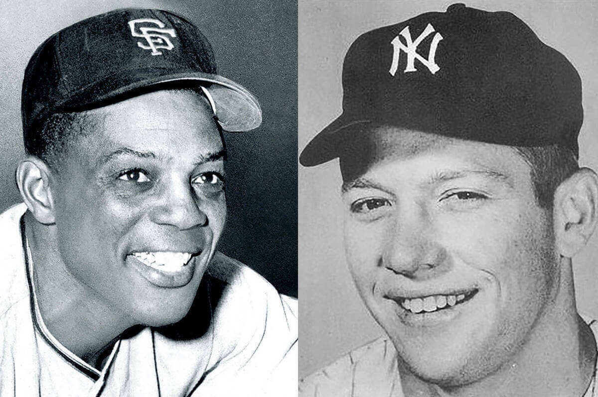 Side-by-side smiling portraits of Willie Mays and Mickey Mantle