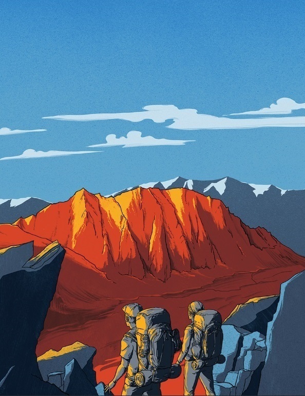 An illustration of two people hiking with heavy packs looking toward a mountain peak bathed in an orange glow of sunset