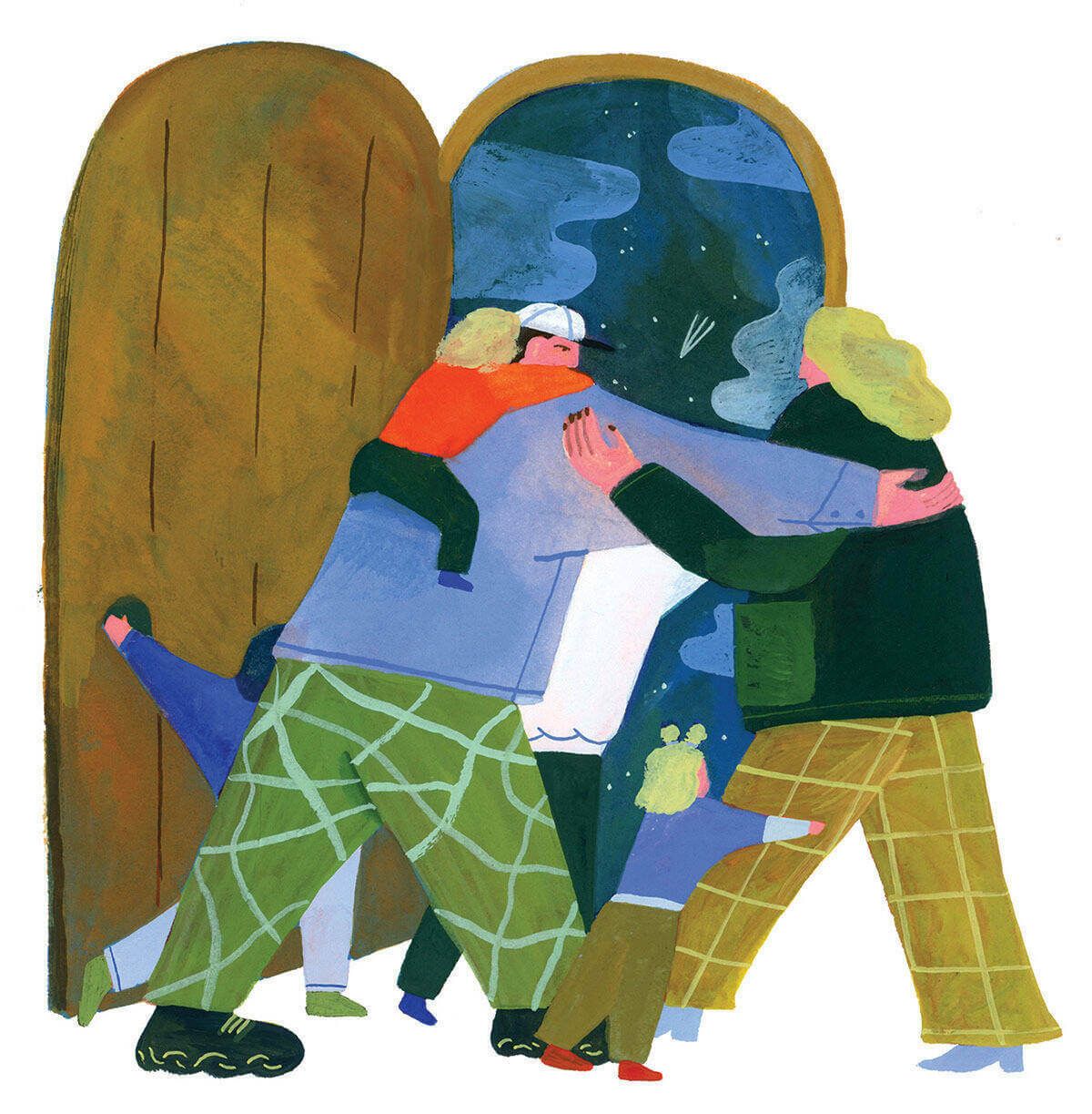 Illustration of a mother, father and four children embrace amid a bit of chaos as they head out the door