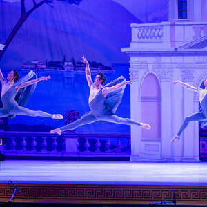 A group of dancers leap during a dress rehearsal for the ballet, Raffaella