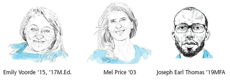 Side-by-side illustrations of Emily Voorde, Mel Price and Joseph Earl Thomas