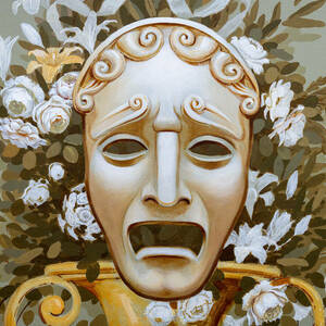 An ornate mural representing the sad face mask of theatrical tragedy hangs on a wall.