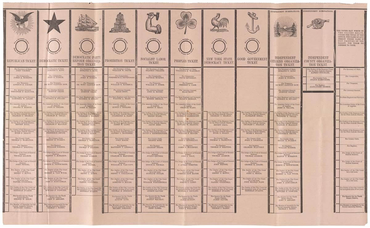 A ballot from the 1895 second assembly district in New York featuring a plethora of candidates.