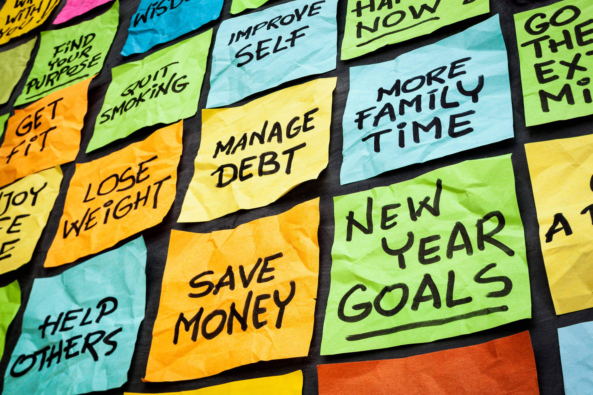 Multicolored Post-It Notes with New Year goals including "lose weight" "more family time" "quit smoking" and "help others."