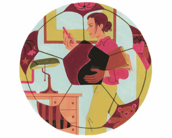 Illustration of a pregnant person wearing pink and yellow, holding a book and looking at a phone within a circular design suggesting the balance of work, studies, and new parenthood. Baby items like a crib, mobile, and teddy bear are also depicted.