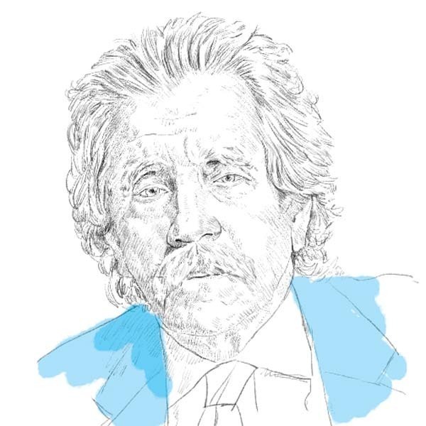 Sketch of a man with thick, wavy hair and a mustache, wearing a light blue jacket and white collared shirt.