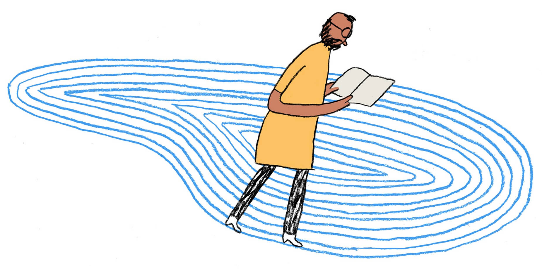 A bearded man with glasses in a yellow tunic and striped pants, walking and reading an open book. He is on a meandering path made of blue lines.