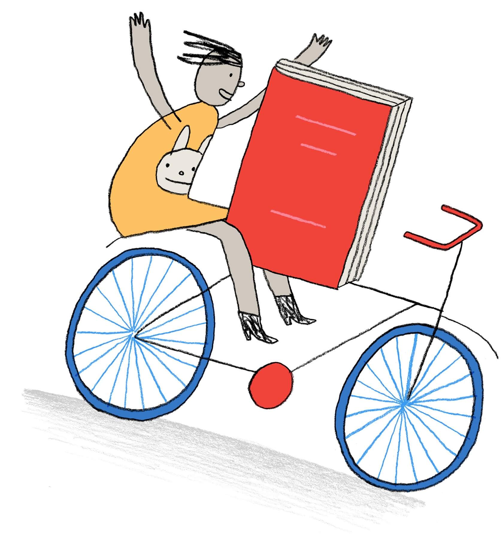 A joyful cartoon character in an orange dress rides a blue-wheeled bicycle. They smile, holding a large red book overhead, with a white rabbit peeking from a front pouch.
