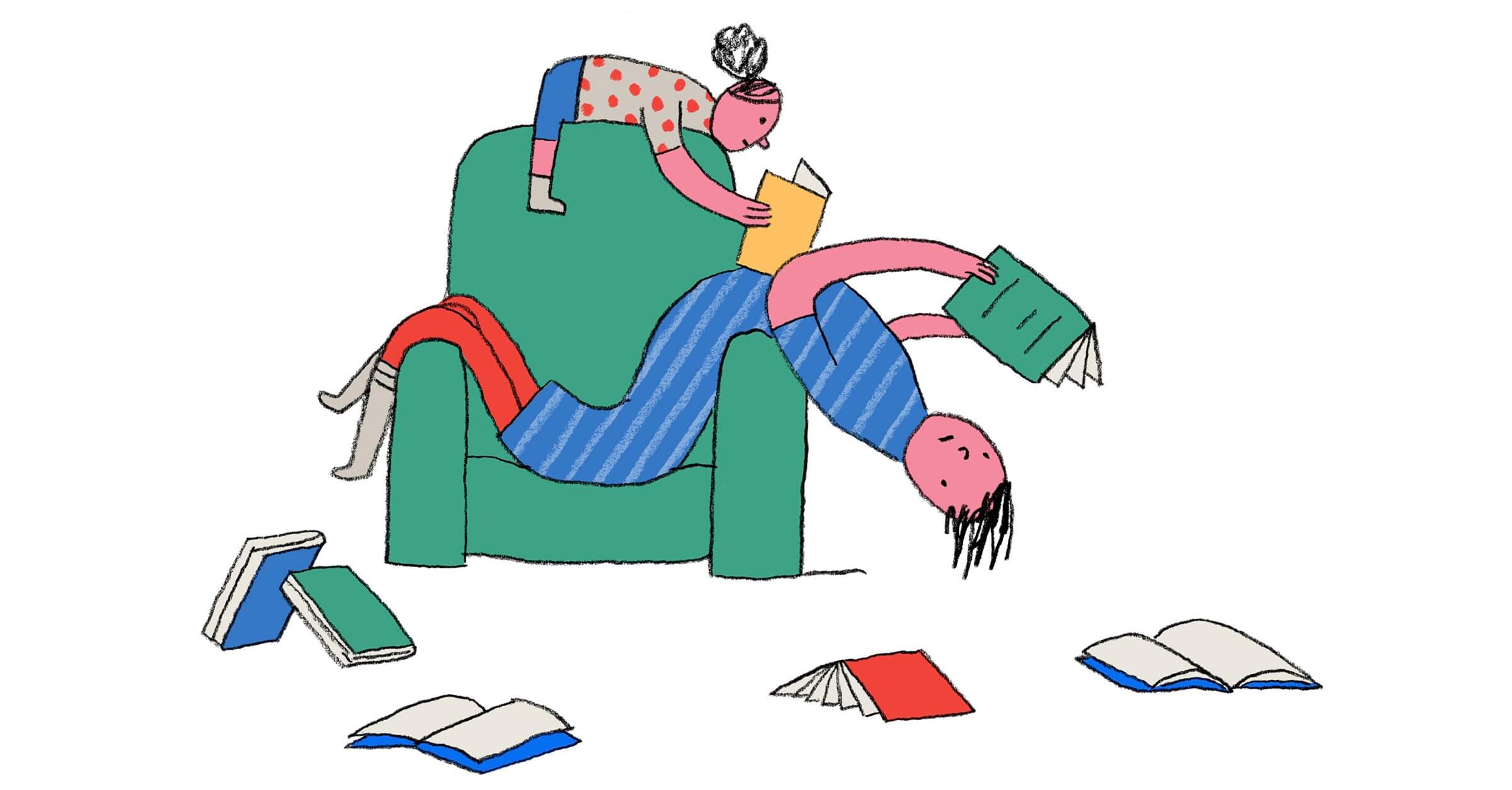 An adult in a pink top and blue striped pants lies upside down in a green armchair, reading a green book. A child in a polka dot top is on the chair's back, reading a yellow book. Colorful books are scattered on the floor.
