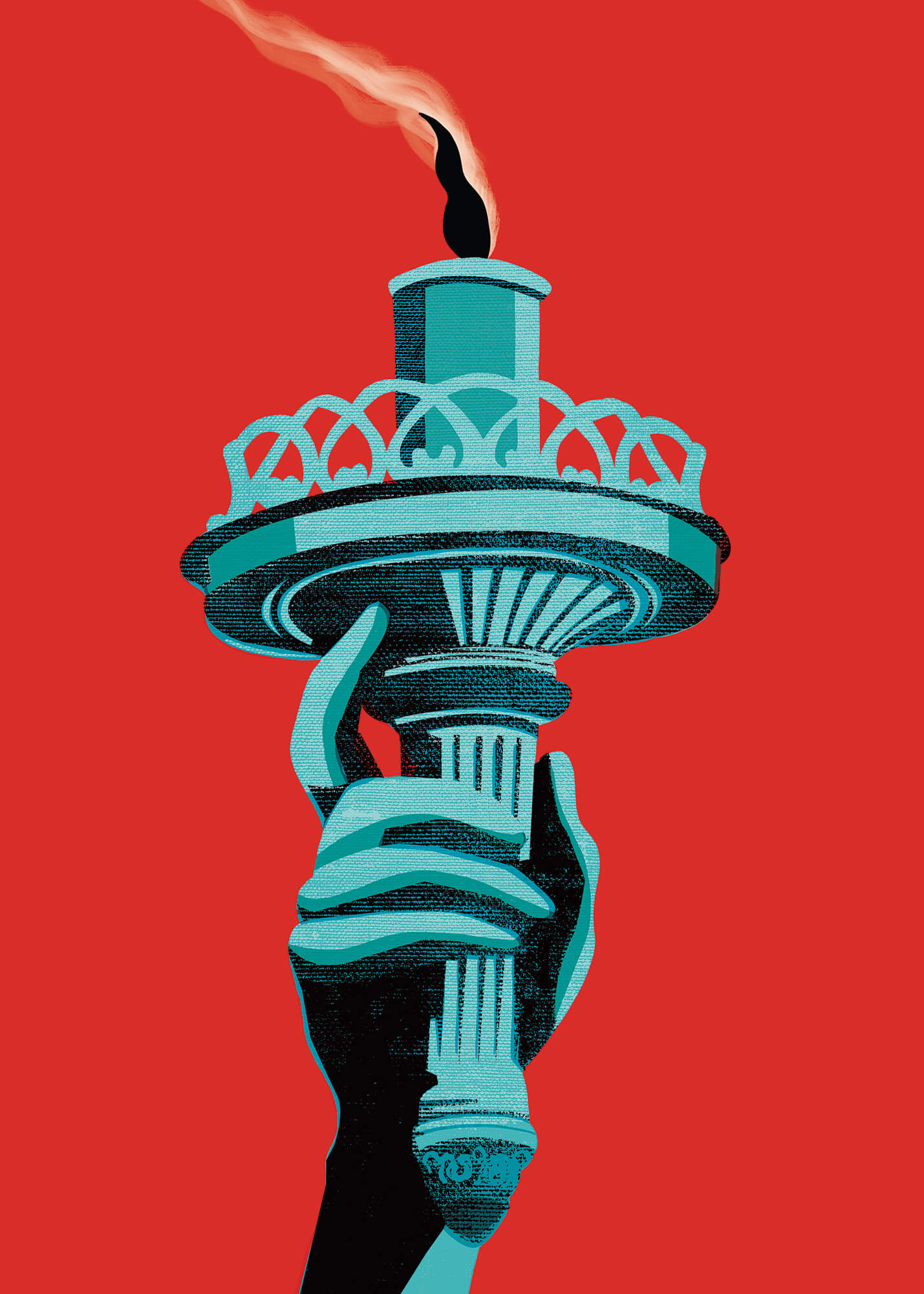 Stylized teal hand holding a Statue of Liberty-like torch with a black flame and orange smoke on a red background.