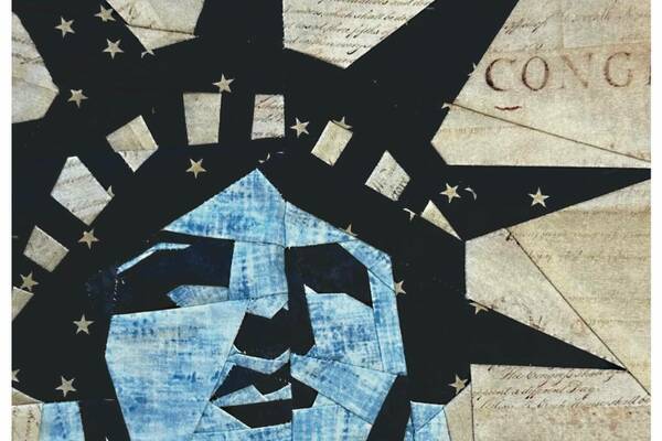 Statue of Liberty's head and crown, stylized as a blue, black, and gold star quilt, over faded historical document script.