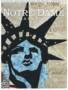 Statue of Liberty's head and crown, stylized as a blue, black, and gold star quilt, over faded historical document script.