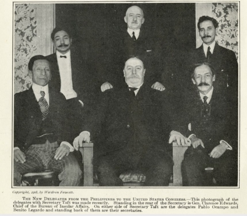 Secretary Taft, Filipino delegates Ocampo and Legardo, Gen. Edwards, and two secretaries in a formal group portrait.