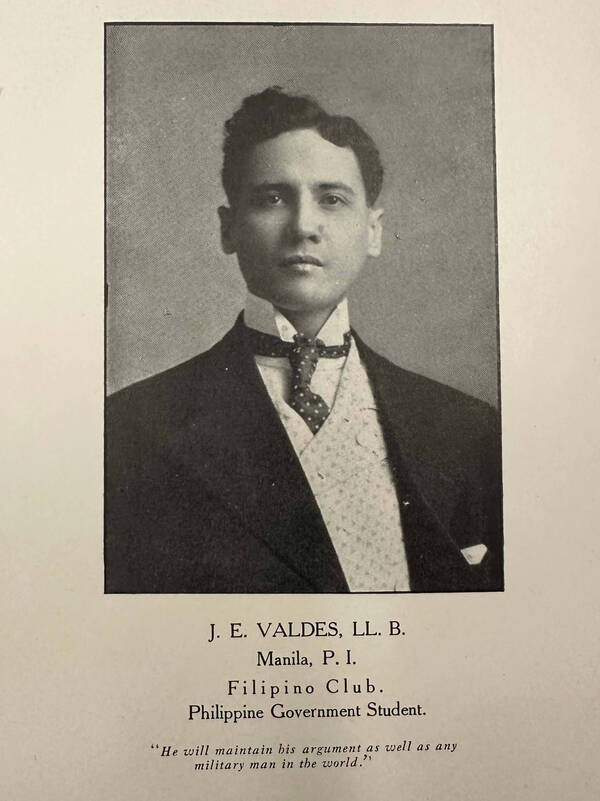 Black and white portrait of J. E. Valdes, LL. B., Filipino Government Student from Manila, P.I., in a suit and tie.