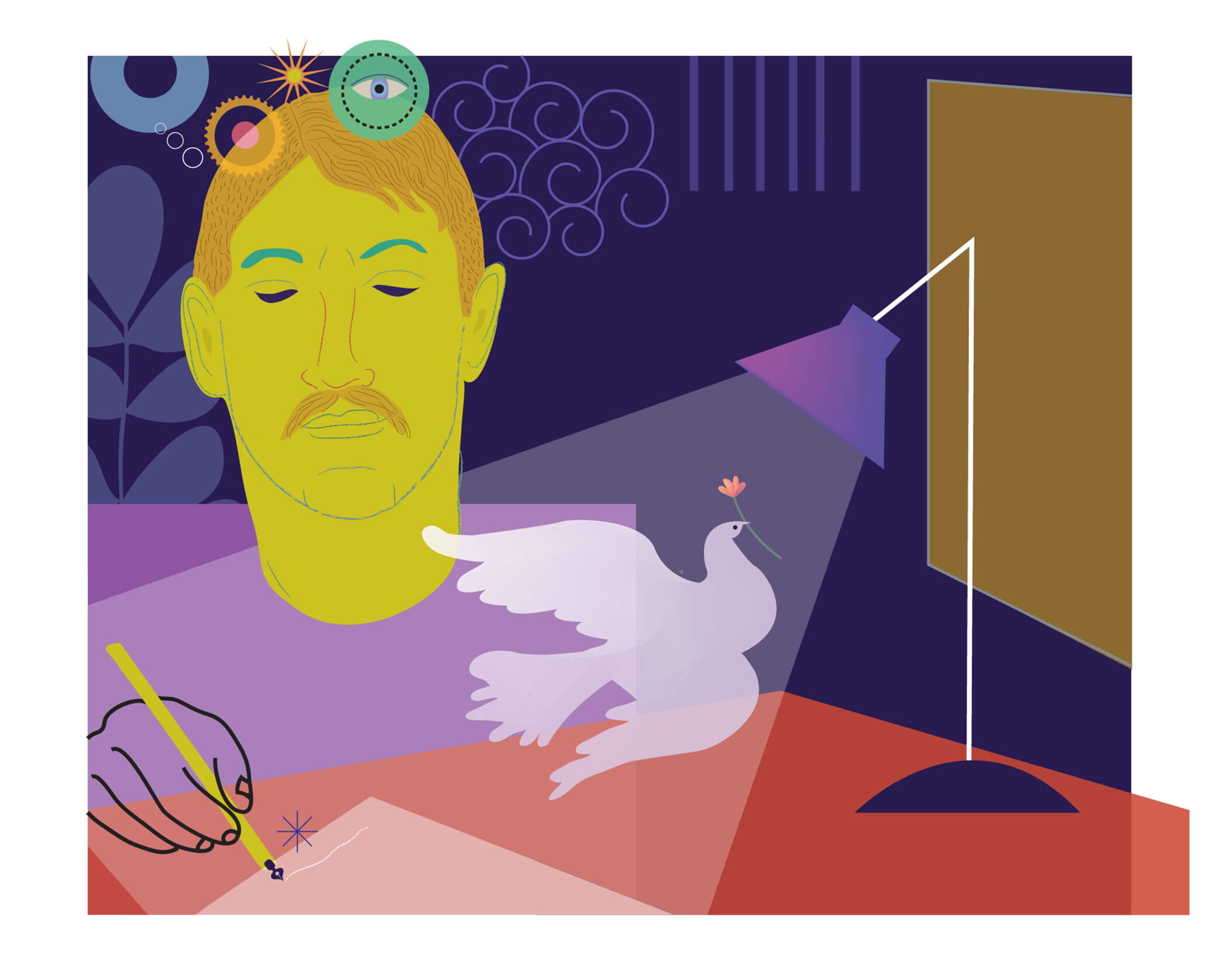 Stylized man, eyes closed in thought, while a hand writes under a lamp. A white dove with a pink flower flies, creative symbols above.