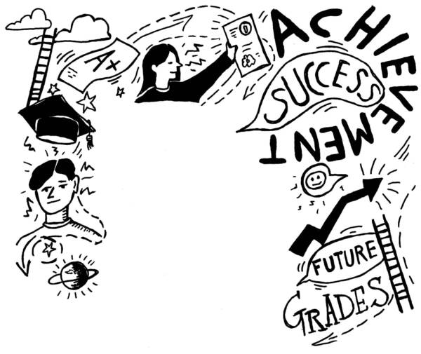 Student holds diploma, A+ grade, cap, ladders, upward arrow show ACHIEVEMENT, SUCCESS, FUTURE GRADES.