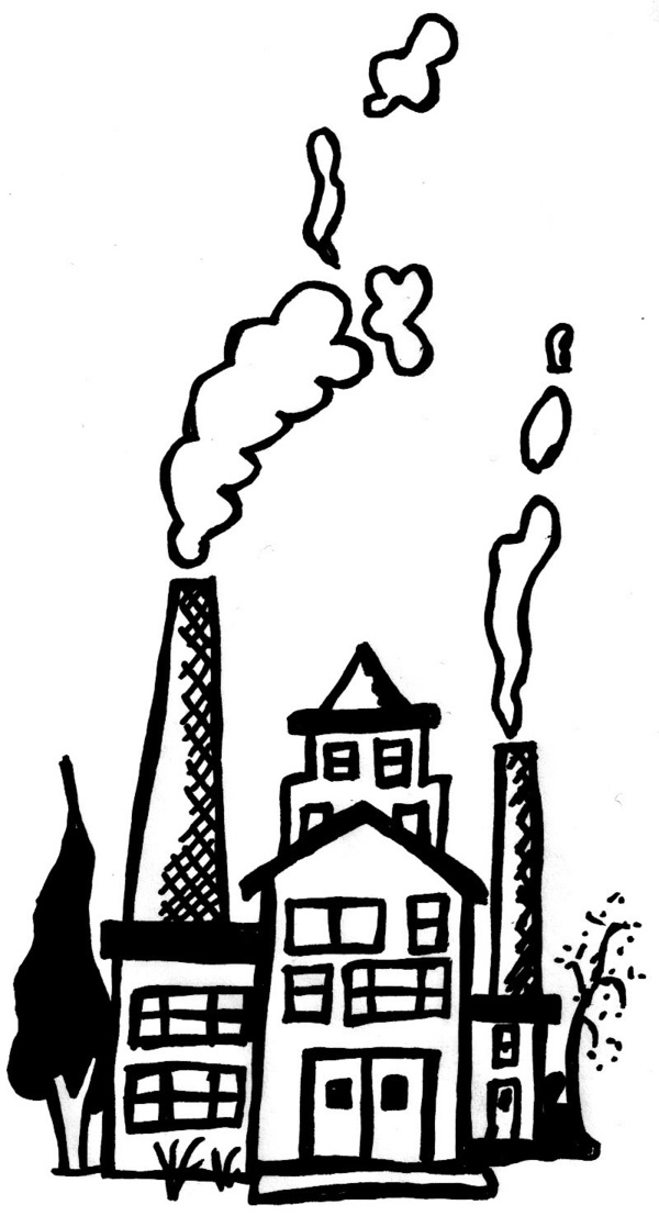 Black and white illustration of a factory with two smokestacks billowing smoke above multiple buildings and trees.