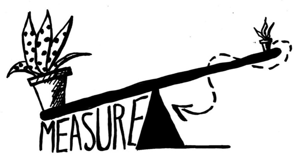 Black and white illustration of a balance scale. A large spotted plant weighs down the left side; a tiny plant sits high on the right. "MEASURE" on fulcrum.
