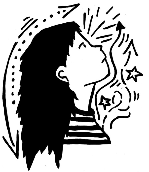 Black and white illustration of a person with long hair looking up, with radiating lines, stars, and arrows symbolizing ideas.