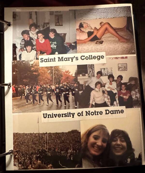 Collage of Saint Mary's and Notre Dame student photos: Smiling friends, marching band, crowded football stadium, two cheerful women.