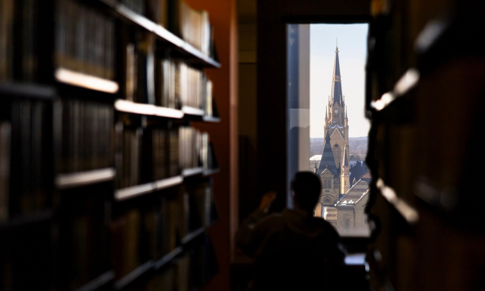 From a library, a person gazes at the golden spire of Notre Dame's Basilica of the Sacred Heart, snow visible.
