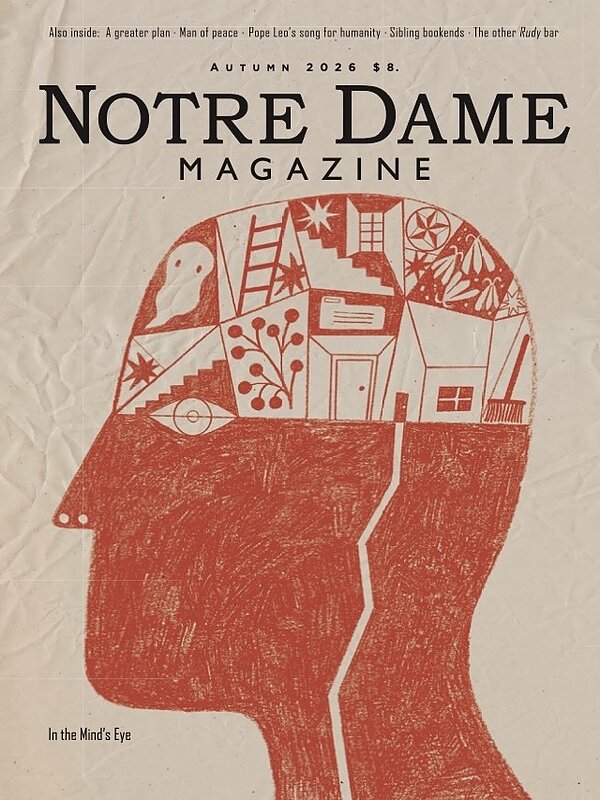 Red illustration of a head filled with abstract scenes and text "Notre Dame Magazine".