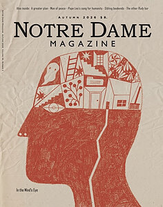 Red illustration of a head filled with abstract scenes and text "Notre Dame Magazine".