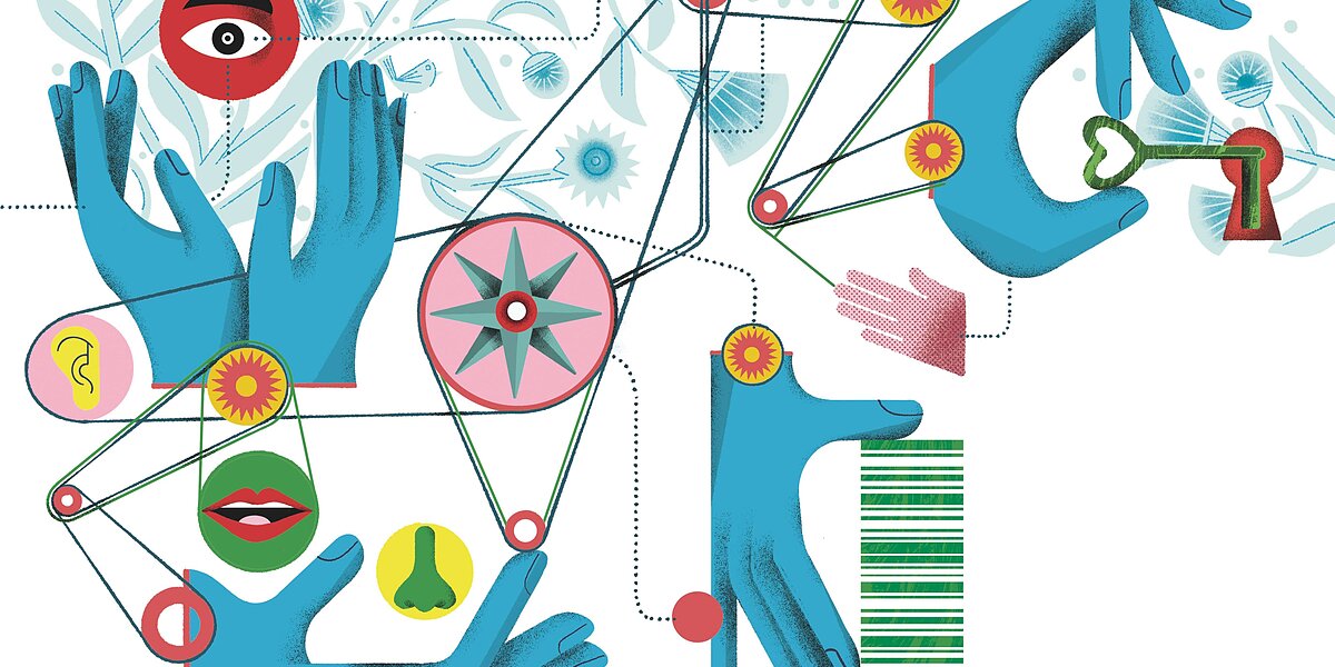 Blue hands manipulate a complex pulley system connecting symbols for sight, hearing, smell, and speech, with a key entering a lock.