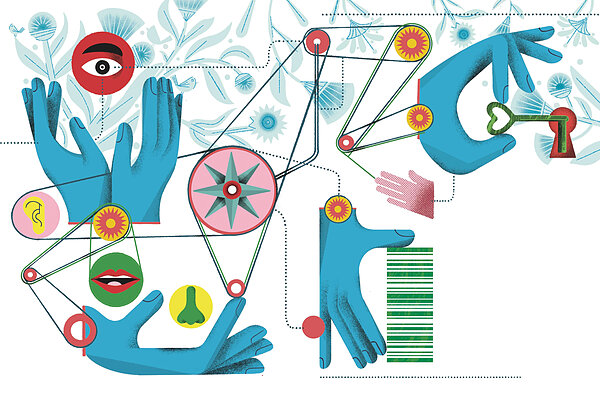 Blue hands manipulate a complex pulley system connecting symbols for sight, hearing, smell, and speech, with a key entering a lock.