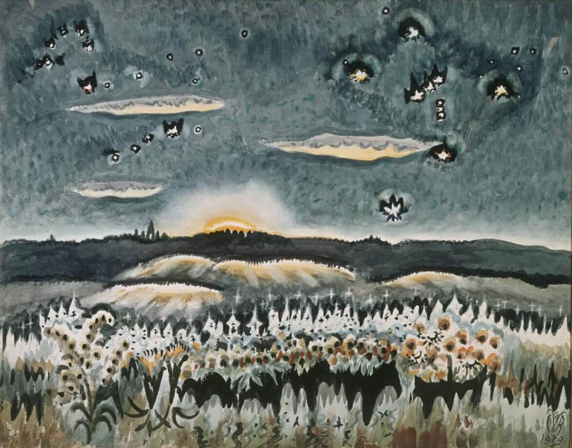 Surreal landscape with cats in the sky over a field of flowers and a distant town at sunset.