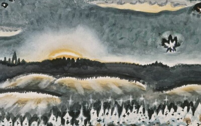 Stylized watercolor of a sunrise over dark hills, with a village and stars.