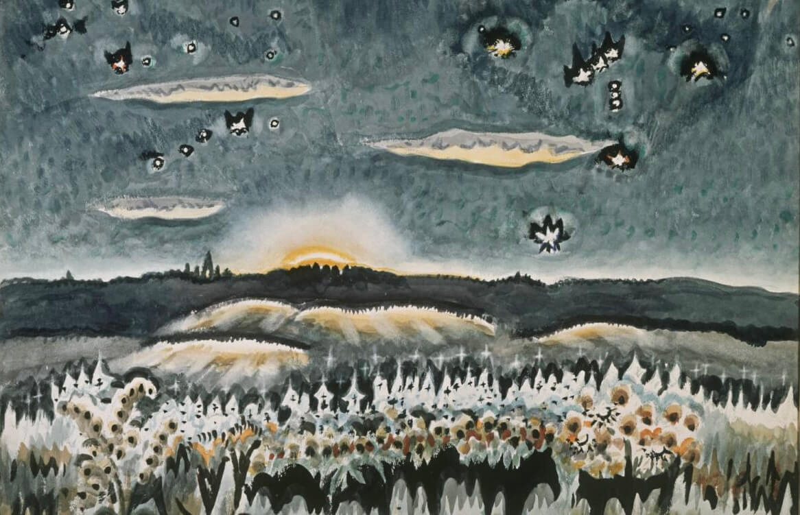 Watercolor of a dark, cloudy sky with a sunset over a distant hill, with a field of flowers in the foreground.